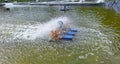 Blue rotary aerators or Aerator Motor or water turbin used in a large shrimp farm.