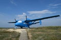 Blue rotary-wing aircraft on the hill. Open-air museum