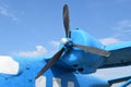 Blue rotary-wing aircraft on the hill. Open-air museum