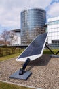 Blue rotating solar panels tilted axis tracker, future innovation energy