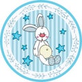 Blue round baby shower sticker labels with boy bunny