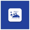 Blue Round Button for hill, landscape, nature, mountain, rain Glyph icon