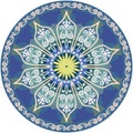 Blue round dish with flower mandala and paisley