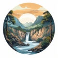 Realistic Art Nouveau Mountain Scene With Waterfall