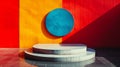 A blue round object on a pedestal in front of red and yellow wall, AI Royalty Free Stock Photo