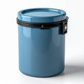 Blue Round Plastic Food Container With Black Lid And Latch On White Background Royalty Free Stock Photo