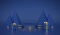 Blue round podium. Scene and 3D platform with gold circle and cone shape pine or spruce trees on blue background. Blank Pedestal Royalty Free Stock Photo