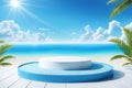 Blue round podium Tropical beach blue water, white sand, palm trees, sky Royalty Free Stock Photo