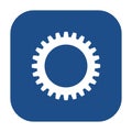 Blue rounded square gear wheel icon, button.