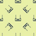 Blue Router and wi-fi signal icon isolated seamless pattern on yellow background. Wireless ethernet modem router Royalty Free Stock Photo