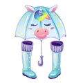 Blue rubber boots and umbrella in a vector style isolated.