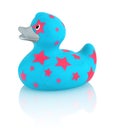 Blue rubber duck with pink stars bath toy isolated on a white background with shadow reflection. Royalty Free Stock Photo