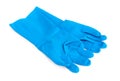 Blue rubber gloves for cleaning on white background, workhouse concept Royalty Free Stock Photo