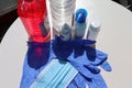 Blue rubber gloves and protection supplys 4 Royalty Free Stock Photo