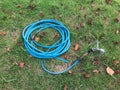 The blue rubber hose for watering the garden is placed on the lawn Royalty Free Stock Photo