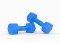 Blue rubber or plastic fitness dumbbells isolated on white background