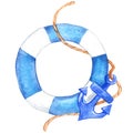 Blue rubber ring and anchor isolated watercolor illustration. Royalty Free Stock Photo