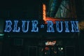 Blue Ruin Bar neon sign at night, Manhattan, New York