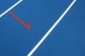 Sport background. Blue running track with white lines and red mark in sport stadium. Top view Royalty Free Stock Photo