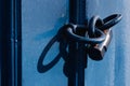 Blue rustic door with padlock. Royalty Free Stock Photo