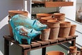 Blue rusty pig figurines and clay flower pots