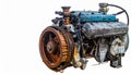 Blue and Rusty V8 Engine with Large Cogwheel on White Background vintage Royalty Free Stock Photo