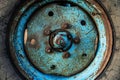Blue rusty wheel from a tractor close up Royalty Free Stock Photo