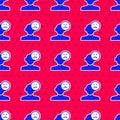 Blue Sad and depressed man, bad mood icon isolated seamless pattern on red background. Vector Royalty Free Stock Photo