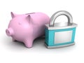 Blue safety padlock and pink piggy money bank Royalty Free Stock Photo