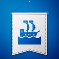 Blue Sailboat or sailing ship icon isolated on blue background. Sail boat marine cruise travel. White pennant template Royalty Free Stock Photo