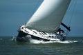 Blue sailboat taking speed under blue sky