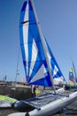 Blue sailing catamaran docked on the port of Carnac in Brittany, France Royalty Free Stock Photo