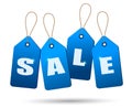 Blue sale tags. Concept of discount shopping.