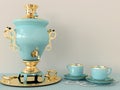 Blue samovar and cups