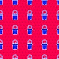 Blue Sand in bucket icon isolated seamless pattern on red background. Plastic kid toy. Summer icon. Vector Royalty Free Stock Photo