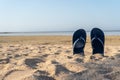 Blue sandal flip flop on yellow sand. Summer fun time and access Royalty Free Stock Photo