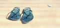 Blue sandals on the sparkly beach sand Royalty Free Stock Photo