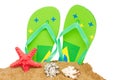 Blue sandals and starfish in sand Royalty Free Stock Photo