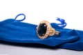 Blue Sapphire and Diamond Jewel or gems ring on velvet bag. Collection of natural gemstones accessories. Studio shot Royalty Free Stock Photo