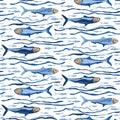 Blue Sardines Fish Seamless Vector Pattern. Swimming Sea Animal Motif for Lisbon St Anthony Portugese Food Festival. Graphic for Royalty Free Stock Photo