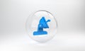 Blue Satellite dish icon isolated on grey background. Radio antenna, astronomy and space research. Glass circle button Royalty Free Stock Photo