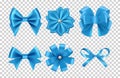 Blue satin bows. Silk ribbon bows vector with pearls isolated on transparent background Royalty Free Stock Photo