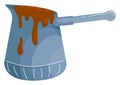 Blue saucepan with overflowing brown sauce, cartoon kitchenware with spill. Messy cooking concept vector illustration