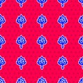 Blue Sauna broom icon isolated seamless pattern on red background. Broom from birch twigs, branches for Russian steam