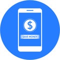 Blue save money and dollars sign design in a flat round button