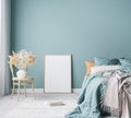 Blue Scandinavian bedroom with vertical frames in bright design