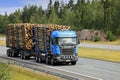 Blue Scania Logging Truck Hauls Pulp Wood