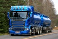 Blue Scania R580 Double Tanker on the Road Royalty Free Stock Photo