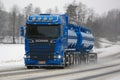 Blue Scania R580 Euro 6 Tank Truck in Winter Royalty Free Stock Photo