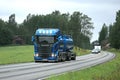 Blue Scania R580 High Beam Lights on the Road Royalty Free Stock Photo